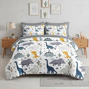 Nesker 7 Pcs Comforter Set Full Size, Cute Dinosaur Dino Bedding for Kids Teen, Blue Yellow Dragon with Fitted Sheet 2 Pillowcases & 2 Shams for Bedroom Bed Dcor