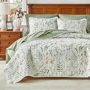 Floral Quilt Set 3 Piece Flower Quilt Sets Queen Size - Reversible Microfiber Quilt with 2 Shams Soft Breathable Botanical Bedding Spring Bedspread Coverlet Summer Comforter All Season Orange Green