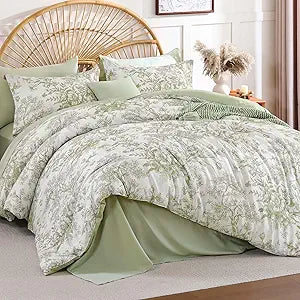 Dinjoy Queen Comforter Set - 8 Pieces Floral Comforter Set Sage Green, Bed in a Bag Queen with Botanical Print, Winter Soft Comforter Bedding Set with Sheets (Comforter 90"x90")