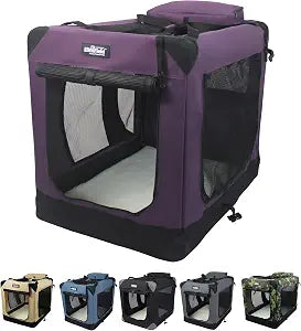 EliteField 3-Door Folding Soft Dog Crate with Carrying Bag and Fleece Bed (2 Year Warranty), Indoor & Outdoor Pet Home (24" L x 18" W x 21" H, Purple)