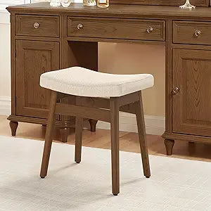 LUE BONA Solid Wood Vanity Bench Stool, 17.3" H Ergonomic Saddle Stool, 2'' Sick Upholstered Vanity Chair for Makeup Room, Bedroom & Bathroom, 300lbs, Linen