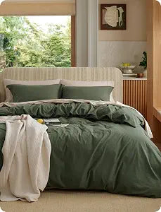 Bedsure Duvet Cover Queen Size - 100% Washed Cotton, Linen-Like Minimalist Bedding - PureWoven Plain Soft Comforter Cover for All Seasons, 1 Duvet Cover Only (Olive Green, 90" x 90")