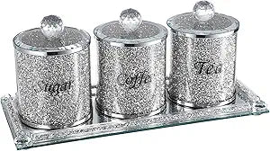 JUXYES Set of 4 Sparky Glass Crushed Diamonds Canisters Set for Sugar Coffee Tea Features Tray, Luxurious Storage Containers Sets with Lids Decorative Storage Pots for Kitchen Counter Dining Room