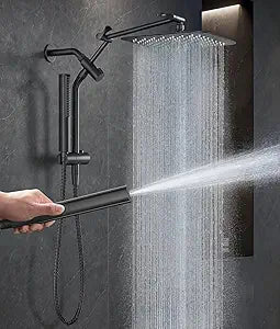 Veken All Metal 10" Black Shower Head with Handheld, Luxurious Square Double Rain Shower Heads with Power Wash Hand Held,Dual High Pressure Detachable Rainfall Showerhead with Arm,Bathroom,Matte Black