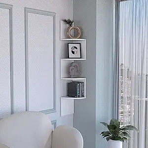 Tuhome Rosset Corner Shelf with Full-Wall Vertical Design and Multiple Floating Shelves Offering Space-Saving Decorative Display and Modern Storage Functionality in Durable Engineered Wood