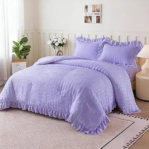 NTBED Seersucker Comforter Set for Girls Kids, Soft Chic Ruffled Bedding Sets,5 Pieces Princess Bed in a Bag(Purple,Twin)