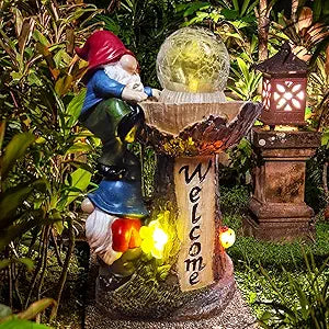 Garden Gnomes Outdoor Statue with Solar LED Lights, Solar Garden Gnomes Decorations10.4 in Funny Double Gnomes Sculptures Home Outdoor Lawn Yard Decor, Ideal Gnomes Gifts for Women/Grandma/Mom