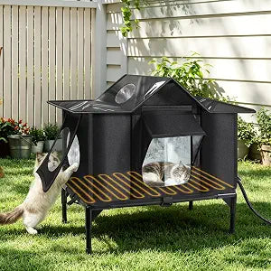 Heated Outdoor Cat House Weatherproof with Heating Pad, Insulated Feral Cat Houses for Outdoor Cats, Safe Escape Door, Heated Cats House for Outside, Outside Stray Cats Shelter with Elevated Base(L)