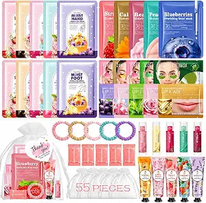 55PCS Spa Party Supplies for Girls, Self Care Bulk Gifts with Face Masks, Hand Cream, Lip Balm, Eye & Hand & Foot Masks, Spa Birthday and Sleepover Party Supplies for Girls Balms & Moisturizers
