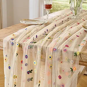 BINBE 12pcs Daisy Spring Table Runner Embroidery Gauze 10FT Florals Seasonal Tulle Holiday Birthday Kitchen Dining Table Decor for Home Party Champagne