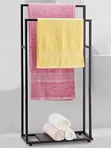 Towel Racks for Bathroom, 39'' Tall 2 Tier Bathroom Towel Rack Stand with Storage Shelves, Modern Free Standing Pool Drying Rack for Outdoor, Black, ALHAKIN