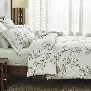 Finlonte Floral Leaves Comforter Set King Size, White Ink, Cotton 3 Piece