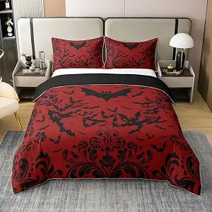Erosebridal 100% Cotton Bats Duvet Cover Queen Size, Damask Flowers Animals Comforter Cover, Victorian Baroque Halloween Theme Bedding Set for Bedroom, Red Black Vintage Horror Quilt Cover