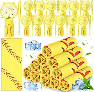 Glooglitter 24 Pcs Softball Cooling Towels and Fans Set Mini Handheld Fans Bulk 32 x 12 Inch Ice Towel Chilly Handheld Battery Powered Fan Sport Gifts for Summer Team Gift Travel Camping Makeup Yoga