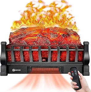Electric Fireplace Logs Inserts Heater with Infrared Remote Controller 5 Flame Brightness 24 H Timer Overheating Protection for Home and Office Decor Black