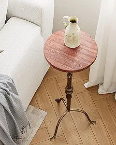 Adjustable Height Round Pedestal Table - 22-30 Inch, Modern Martini Cocktail End Table with Natural Travertine Top & Antique Brass Base for Small Spaces Living Room, Bedroom (Red Travertine)