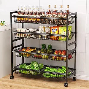 Cinati 4-Tier Snack Cart with Wheels, 29''W Toy Storage Organizer, Rolling Pantry Storage Cart with 10 Wire Baskets & Handle,Adjustable Metal Snack Rack, Kitchen Organizer for Fruit, Vegetables(Black)