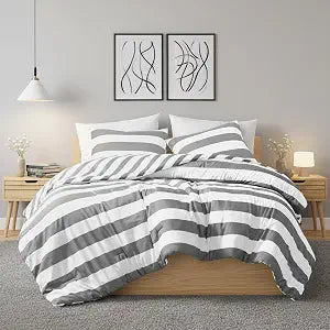 Reversible Striped Queen Comforter Set, Soft Microfiber Bedding Set with Double-Sided Stripes Design, Warm & Cozy for All-Seasons, 3-Piece Comforter and Shams Set Queen Size, Charcoal