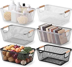Sawysine 6 Pack Wire Mesh Baskets for Organizing with Wooden Handles 13.98 x 8.86 x 6.1 Inch Metal Mesh Storage Bins Black White Gray Fruit Vegetable Containers for Pantry Kitchen Office