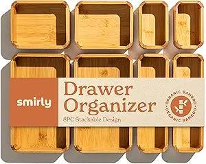 SMIRLY 8-Piece Bamboo Kitchen Drawer Organizer Set for Large and Small Utensils, Multi-use Storage Box - Bathroom, Nightstand, Jewelry, Cutlery, Knife, Spice, Towel, Junk Drawer Tray