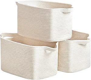 R RUNKA Cotton Rope Basket Set of 3 (15"x10.2"x9.1") - Rectangle Storage Bins - Versatile Toy Storage Organizer - Perfect for Kids, Dog Toys, Books, Shelves - White