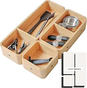 Modular Drawer Organizer Set  Kitchen Edge Storage with 3 Containers & 5 Compartments, Magnetic with Removable Inserts, Stackable, Rubber Liners & Non-Slip Base, 9in x 13.5in x 2.4in, 100% Bamboo