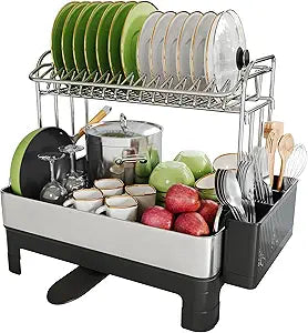 BOOSINY Extra Large Two Tier Stainless Steel Dish Drainer Drying Rack with Drainboard for Kitchen Counter, Modern Black and Silver, Rust Proof Metal, Space Saving Countertop Big Plate Dryer and Tray