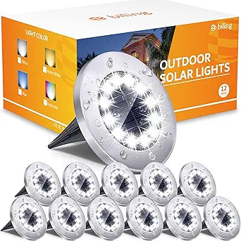 Biling Solar Outdoor Lights 12 Pack, Bright 12 LEDs Solar Ground Lights Waterproof, Flat Landscape Lighting Solar Powered for Yard Walkway Pathway Garden Driveway (White)