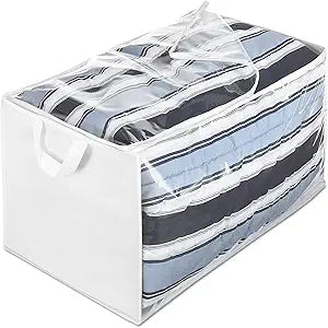 Whitmor Zippered Jumbo Storage Bag, Extra Large 34 Gallon (29"x17.5"x15.5"), Breathable Non-Woven Organizer with Clear Window, Big Moving Bag for Blankets, Clothing, Closet Organization, White