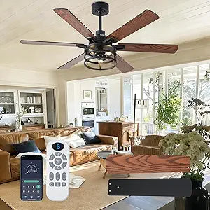 NKPU 52 Inch Farmhouse Ceiling Fan with Light and Remote, Brown Industrial Caged Rustic Ceiling Fan with 6 Speed Reversible Motor and Dual Finish 6 Blades, Rustic Ceiling Fan for Living