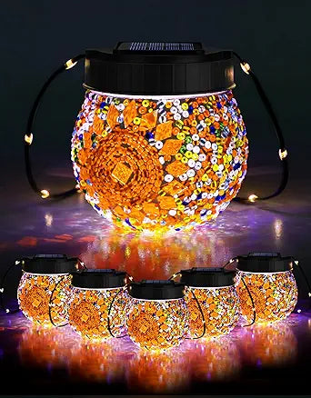Mosaic Solar Lights Outdoor 6 Pack, Solar Hanging Lanterns Christmas Halloween Gifts for Women Mom Grandma, Waterproof Glass Globe Lights, Garden Patio Decor for Yard, Tree, Balcony, Warm