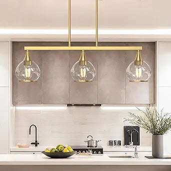 Kitchen Island Linear Pendant Light, 3-Light Gold Dining Room Chandelier with Clear Glass Globe Shades, Modern Linear Lighting Fixture Over Table