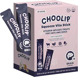 Choolip Squeeze Vita Stick Brain Support Lickable Cat and Dog Treats, 49-Count  Beef and Chicken Soft Puree with DHA, CoQ10 & Vitamin E for All Life Stages