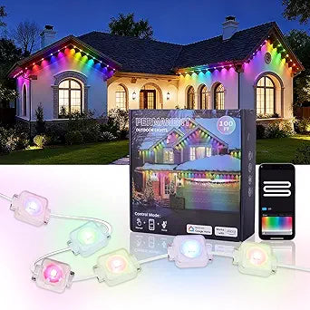 Permanent Outdoor Lights,100ft Smart Rainbow Eave Holiday Light IP67 Waterproof with 60 LED Lights for Christmas Halloween House Decorations, Compatible with Alexa, Google Assistant
