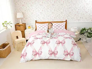 Manfei Pink Bowknot Bedding Set Dreamy Princess Style Kids Girls Comforter Cover(No Filler) for Kids Teens Bedroom Decor Watercolor Bow Geometric Grids White Duvet Cover Bedspread Full Size