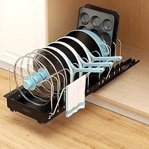 Golener Pots and Pans Organizer Under Cabinet - 22" Deep Expandable Pot Organizers inside Cabinet with 10 Adjustable Dividers &Handrail, No Drill Pot Lid Holder, Sliding Pot Lid Holder, 1 Pack