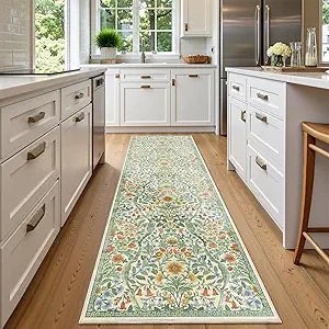 2x6 Washable Runner Rug,Grass Green Floral Boho Area Rug for Hallway,Low-Pile Non-Slip Stain Resistant Carpet for Kitchen, Bedside,Laundry Room,Entryway