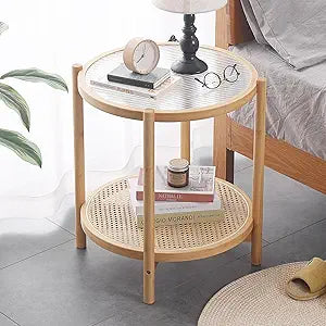 Tiita Rattan Coffee Table, Round End Table, 19.7Inch Modern Side Table, Small Bamboo Living Room Side Table, Glass Sofa End Table for Balcony and Office Outdoor/Indoor (Wood)