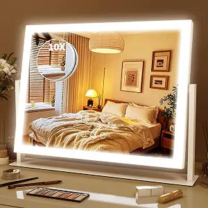 ROLOVE Lighted Makeup Mirror 16.3"x12.6", Hollywood Vanity Mirror with 10X Magnifier, 3 Color LED Lighting Modes, Smart Touch Control & 360 Rotation, Tabletop Makeup Mirror (White, Gift Ready)