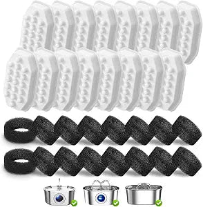 32 Pack Cat Water Fountain Replacement Filters & Pre-Filter Sponges, Includes 16 Filters & 16 Sponges for 108oz/3.2L Stainless Steel Pet Fountains  Compatible with Rellaty & Neareal