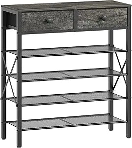 YATINEY 5 Tier Shoe Rack, Large Capacity Shoe Storage Organizer, Metal Shoe Shelf with Drawer and Wooden Top, for 20 Pairs of Shoes, for Entryway, Closet, Charcoal and Black SS25BCY1
