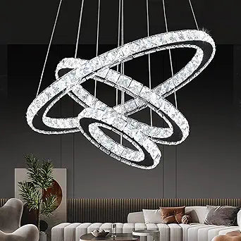 Buccleuch Modern Crystal Chandelier, Dimmable LED Pendant Light Fixture 3-Ring Adjustable Stainless Steel Ceiling Light, Silver Crystal Chandeliers for Dining Room, Bedroom, Living Room - ETL Listed
