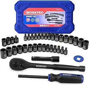 WORKPRO 39PC Drive Socket Wrench Set, 1/4'' & 3/8'' Sockets Kit, 3/8" Ratchet, Extension Bar, Spinner Handle & Adapter, Premium Black Phosphate Finish Mechanics Tool Set with Tool Box, Metric & SAE