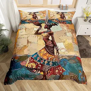 Homewish African Woman Bedding Set Queen Size,Retro Graffiti Art Duvet Cover 3Pcs for Kids Girls Boys Adult Room Decor,Traditional Africa Comforter Cover American Style Quilt Cover,2 Pillowcases