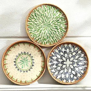 3 Pcs Round Rattan Tray with Mother of Pearl Inlay Wicker Serving Tray with Wooden Base Boho Decorative Wicker Basket for Table Decor Bathroom Candle Perfume(Classic Style)