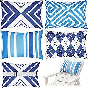 Juexica 4 Pcs Chaise Lounge Headrest Pillow, 16 x 11'', Decorative Outdoor Patio Neck Headrest Pillow with Adjustable Elastic Strap, Waterproof for Pool Recliner Beach Chair(Blue and White,Stylish)
