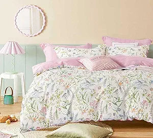 ALEISSEL White Floral Cotton Comforter Queen Size - 3PC Lightweight Bedding Sets with Soft Fill, Vibrant Garden Botanical Patterns, Petal Pink Reversible Design with Feminine Elegance