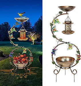 3 In 1 Bird Bath for Outside and Solar Bird Feeders Combo with Flower Planter Pedestal, 38" Metal Bird Baths Heavy Duty for Outdoors, Vintage Birdbaths for Garden Yard Lawn Decor -Waterproof