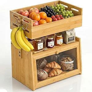 Bamboo Bread Box with Ventilated Fruit Basket Top, 2-in-1 Kitchen Countertop Organizer with 2 Hanging Hooks, Space Saving Bread & Fruit Storage for Kitchen Counter