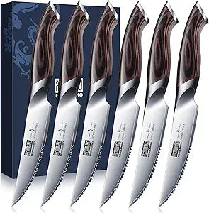 HOSHANHO Steak Knives Set of 6, Ultra Sharp 4.5 Inch Serrated Steak Knife Set, Japanese High Carbon Steel Kitchen Steak Knives with Ergonomic Handle